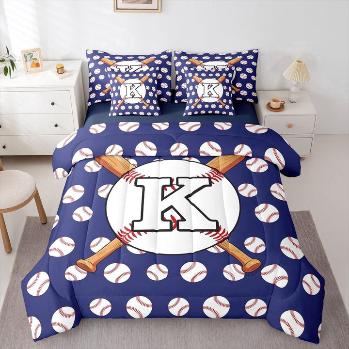 Erosebridal Baseball Gamer K Personalized Initial Twin Bedding Sets 7-Piece for Boys Girls,Sport Theme Bedding Comforter Set for Teens,Navy Blue Reversible,Ultra Soft Home Decor
