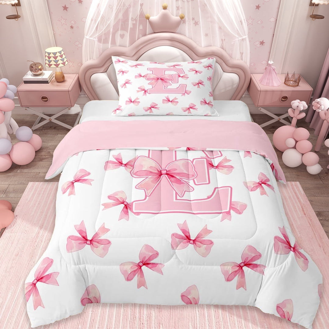 Erosebridal Letter E Monogrammed Twin Comforter Sets,Pink Girly Bowknot Bedding Set For Bows Lover, Reversible 2 Pieces