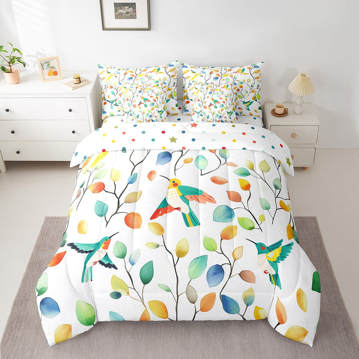 Kawaii Hummingbird Twin Comforter Set 7pcs for Girls Boys Chic Elegant Floral Bedding Comforter Sets, Woodland Animal Bed in a Bag Watercolor Leaves Bedding Set, Tropical Plant Bed Sheets Set