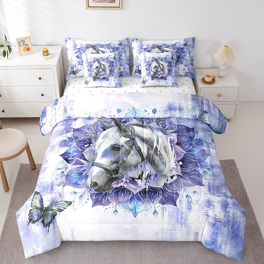 7-Piece Farm Horse Bedding Twin Size Teens Adults Safari Animal Print Comforter Set,Hippie Mandala Bedding Comforter Sets Navy Gradient Bed in a Bag,Boho Flower Floral Bedding