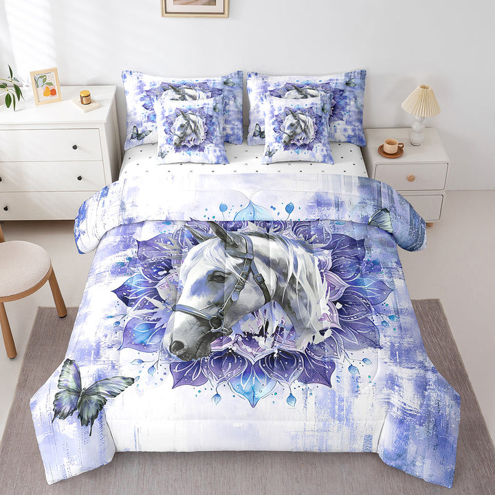 7-Piece Farm Horse Bedding Twin Size Teens Adults Safari Animal Print Comforter Set,Hippie Mandala Bedding Comforter Sets Navy Gradient Bed in a Bag,Boho Flower Floral Bedding