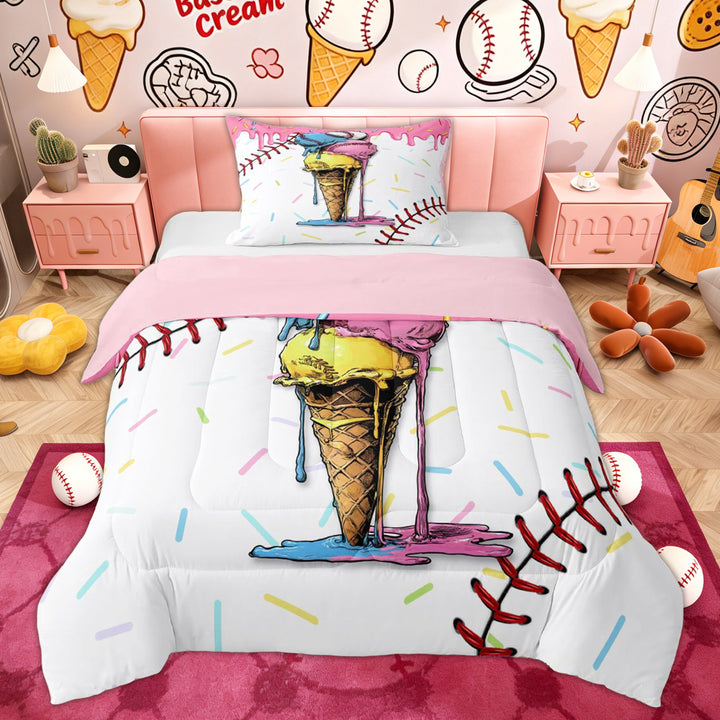 Erosebridal Ice Cream Baseball Twin Comforter Sets for Kids, Pink Cartoon Theme Bedding Set, 2pcs
