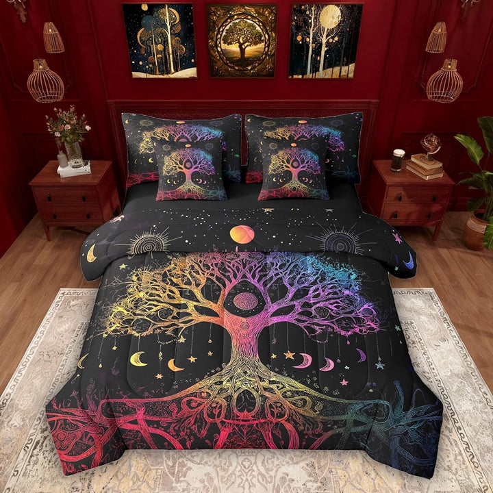 Erosebridal Colorful Tree of Life Bedding Comforter Set, Moon Phase Stars King Bedding Sets, Black Reversible, 7pcs
