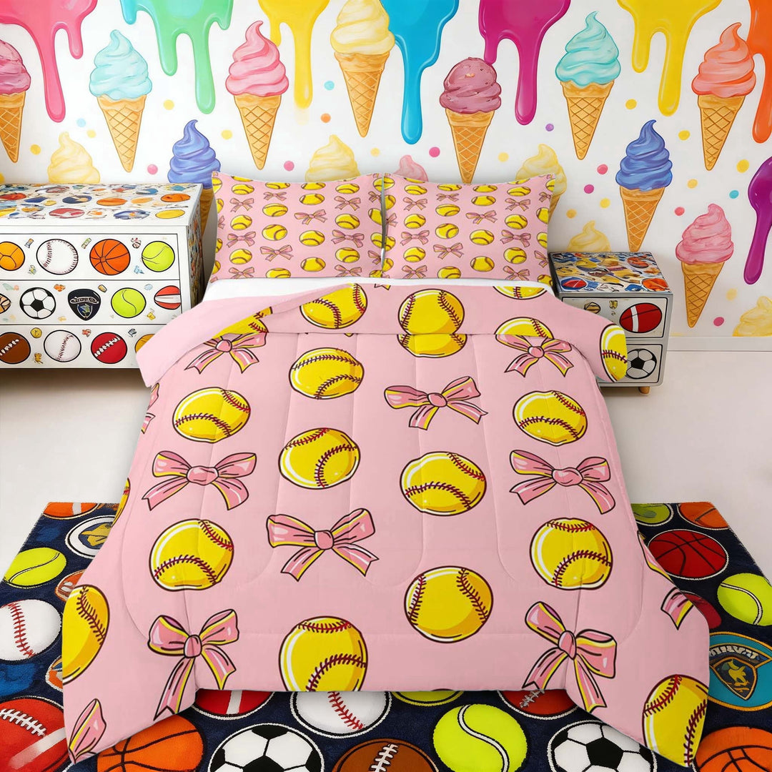Erosebridal Pink Bow Softball Queen Comforter Set, Cute Sport Bedding Comforter Set for Girls and Boys, Pink Reversible 3-Piece, 1 Comforter and 2 Pillowcases