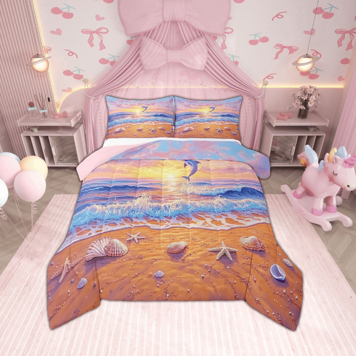 Erosebridal Ocean Beach Bedding Twin Comforter Set,Dolphin Starfish Down Comforter,Sea Animal Bedding Sets Twin with Comforter,Breathable Sunset Room Decor,Reversible,2-Piece