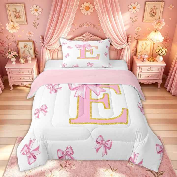 Meiyoeat Girly Bow Alphabet E Full Size Comforter Sets for Kids Girls, Fashion Letter Bedding Sets, Pink Golden, Pink Reversible, 3pcs