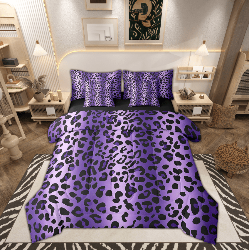 Erosebridal Purple Leopard Print Bedding Twin Size, Gradient Cheetah Print Bed in a Bag Twin size, Reversible 7pcs