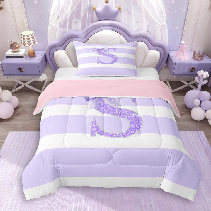 Erosebridal Glitter Print Personalized Initial S Girl Twin Comforter Sets 3-Piece,Kids Teens Purple Bow Geometric Stripes Bedding Set,Pink Reversible