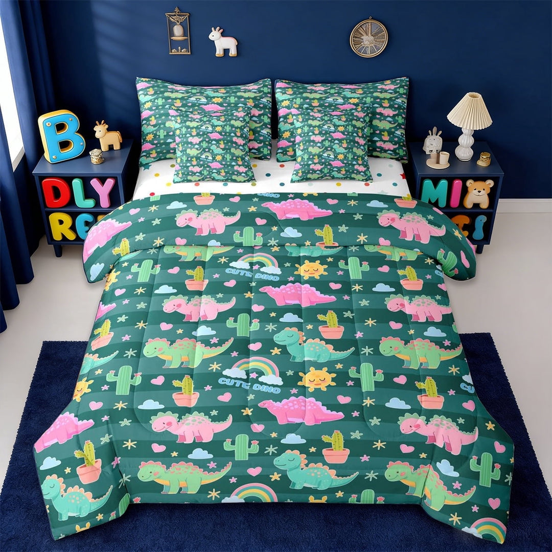 Erosebridal Cute Cartoon Dino 7-Piece Twin Bedding Sets,Wild Animal Dinosaur Tropical Botanical Cactus Bedding Comforter Set For Boys Teens,Reversible