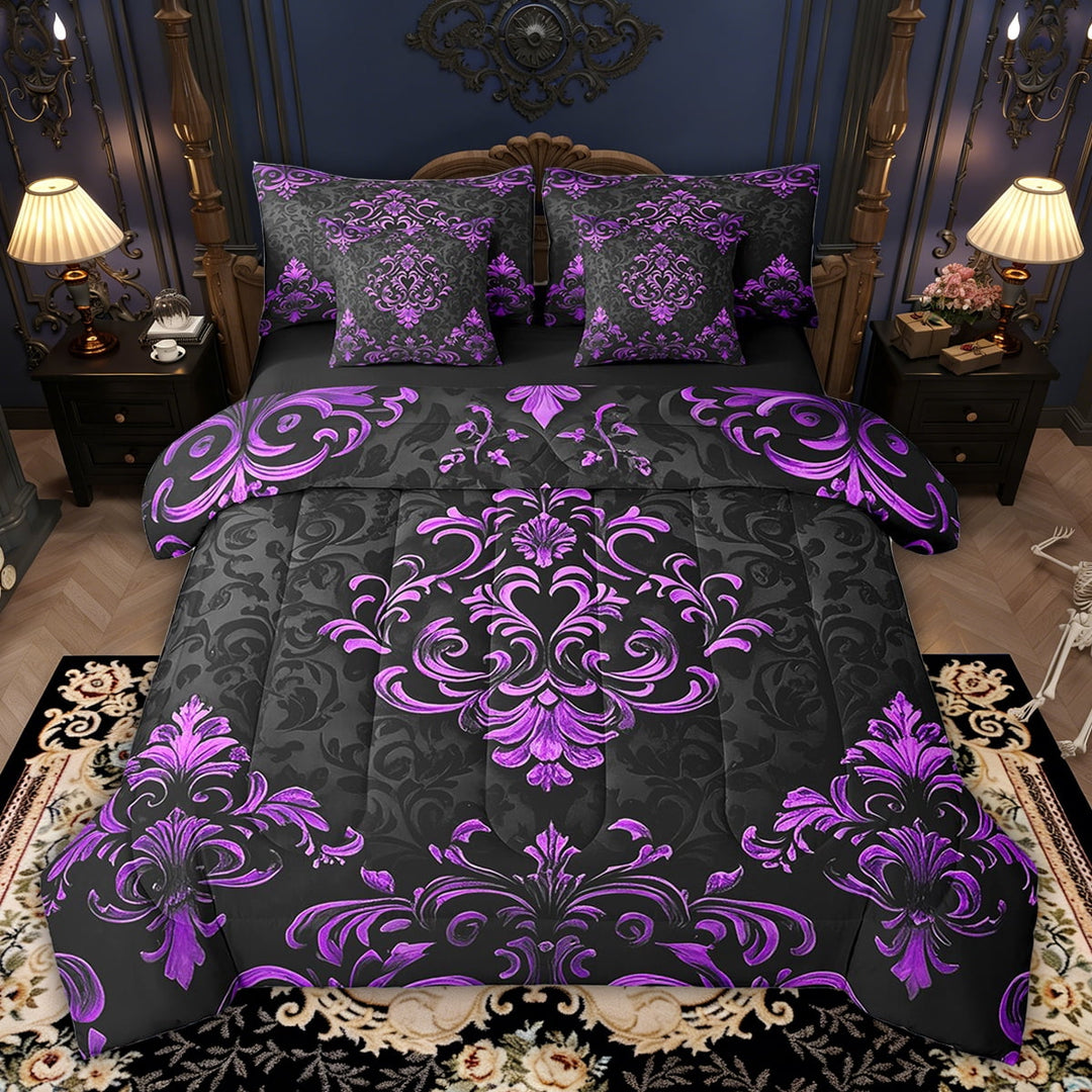Manfei Victorian Damask Full Size Bed in Bag Sets 7 Pieces, Bohemian Baroque Floral Bed in Bag Full Size, Black Purple Bedding Comforter Set with Sheets