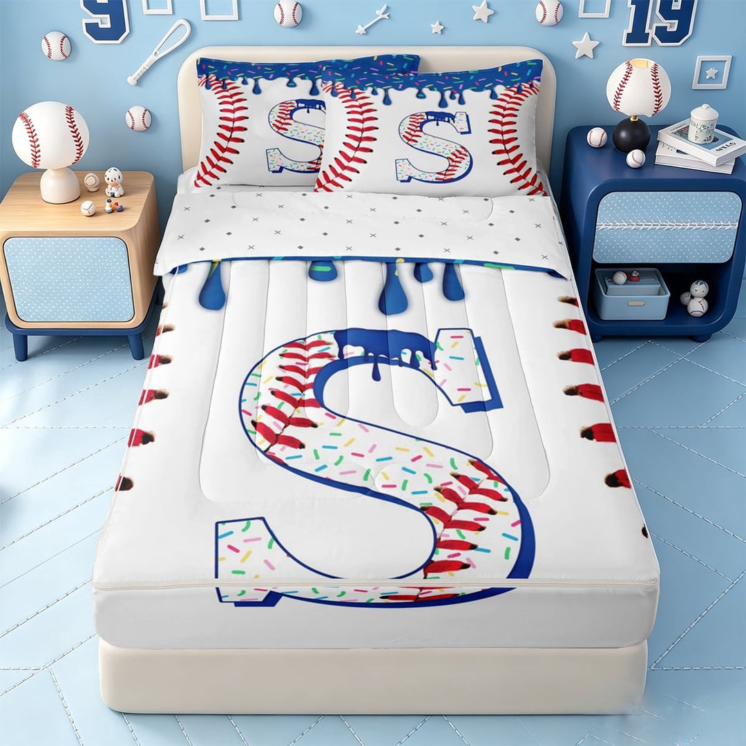meiyoeat Baseball Print Initial S Zipper Twin Comforter Sets with Fitted Sheet and 2 Pillowcases,Ice Cream Drip Zipper Bedding Set For Boys,Reversible,4 Pieces