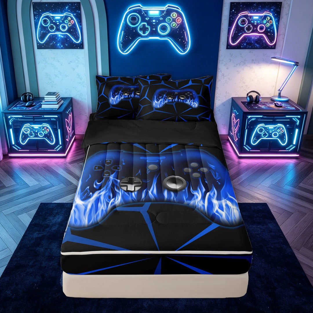 meiyoeat Gamer Controller Print Zipper Full Size Comforter Sets with Fitted Sheet and 2 Pillowcases for Kids Boys, Black Blue Flame Gamepad Zipper Bedding Set, Black ReversibleB