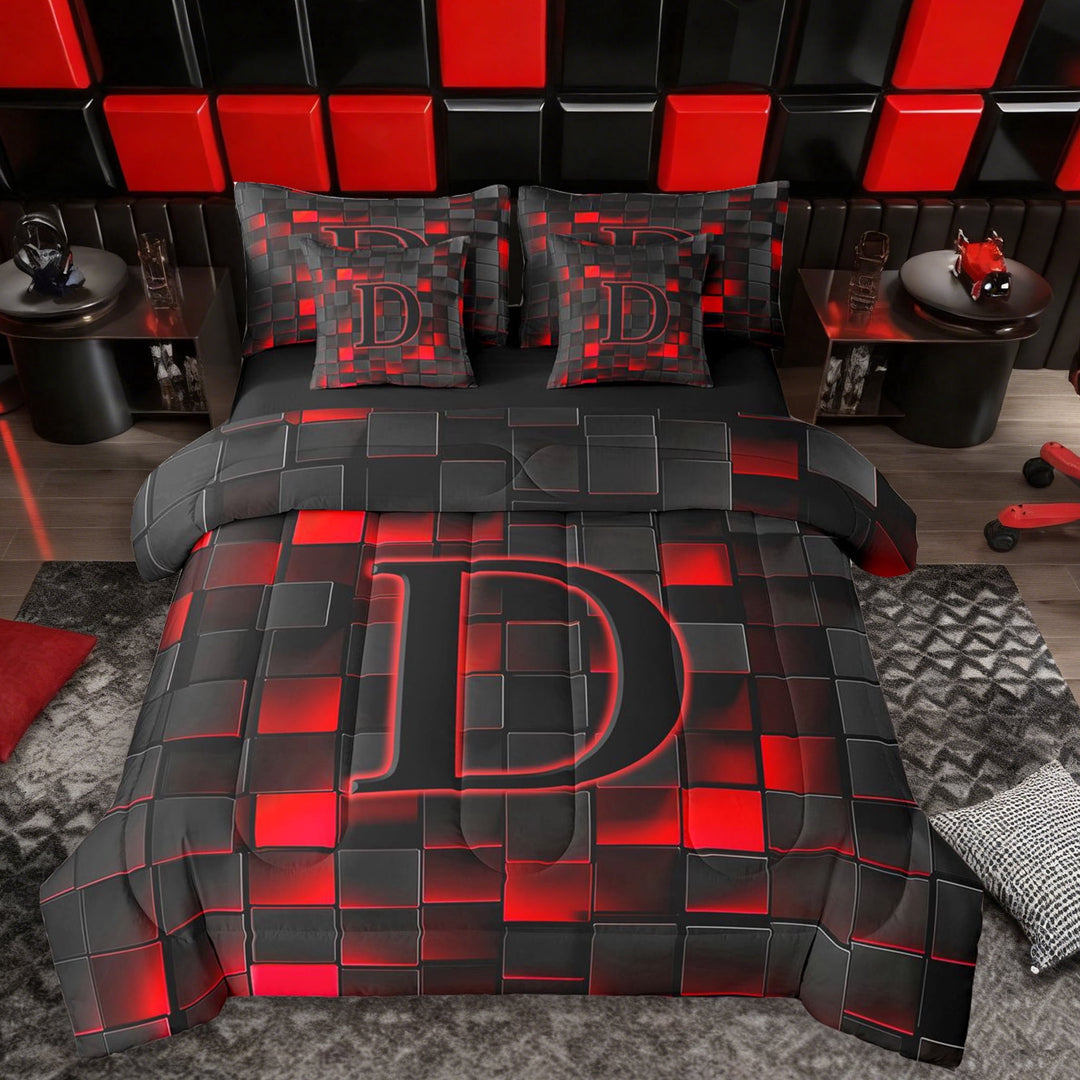 Erosebridal Girls Boys Neon Lights Futuristic Cubes Twin Bedding Sets 7-Piece,D Letter Monogrammed Black Red Bedding Comforter Set For Kids Teens,Black Reversible