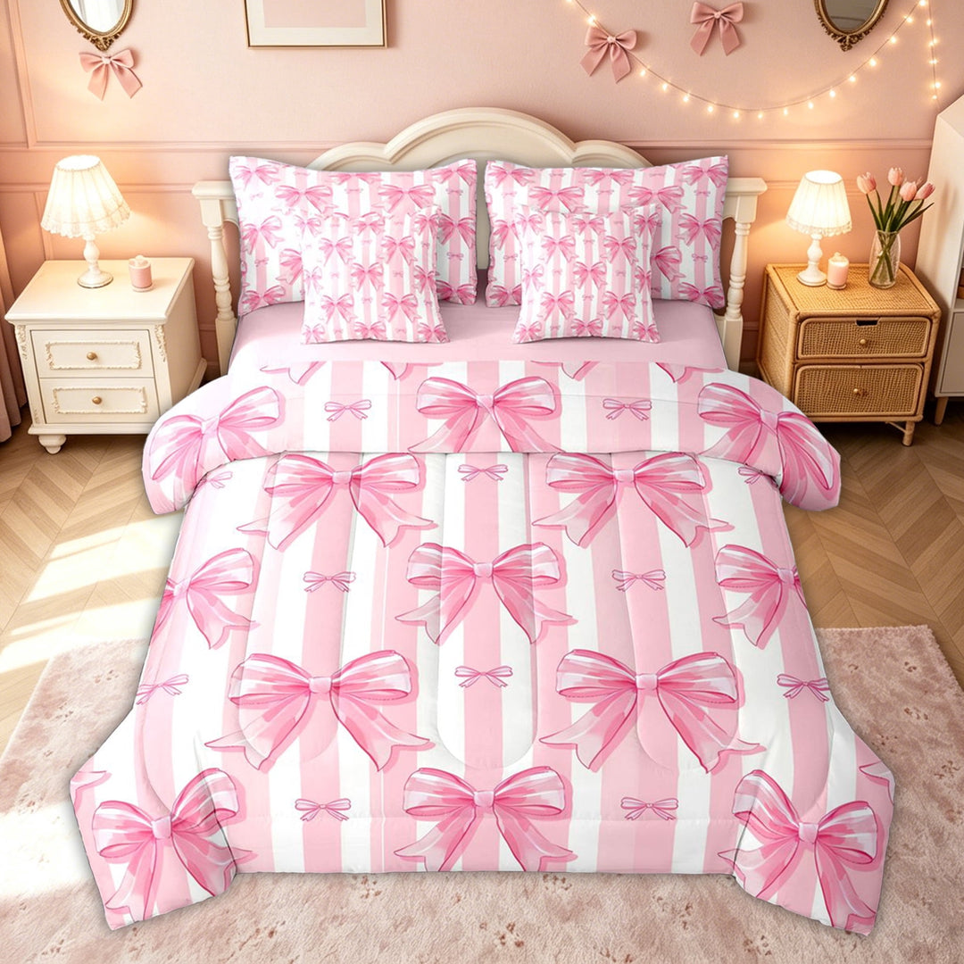 meiyoeat Watercolor Bow Stripe Full Size Bedding Sets for Kids Girls, Girly Pink Ribbon Full Size Bed in a Bag, Pink Reversible, 7pcs