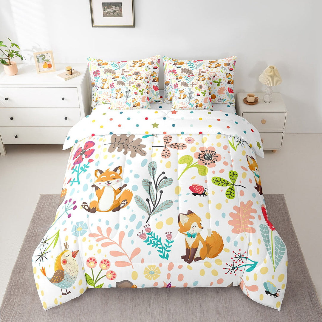 Floral Fox Comforter Set With Sheets Cute Fox Twin Bed In A Bag 7 Piece Kawaii Room Decor,Cartoon Woodland Animal Bedding Set,Jungle Flower Leaves Plant Bed Set