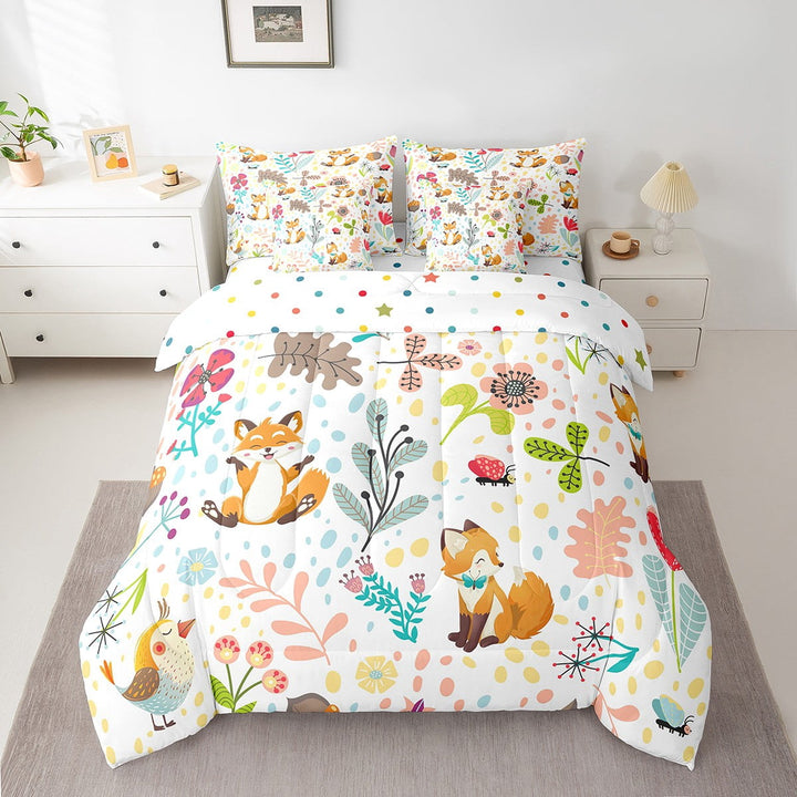 Floral Fox Comforter Set With Sheets Cute Fox Twin Bed In A Bag 7 Piece Kawaii Room Decor,Cartoon Woodland Animal Bedding Set,Jungle Flower Leaves Plant Bed Set