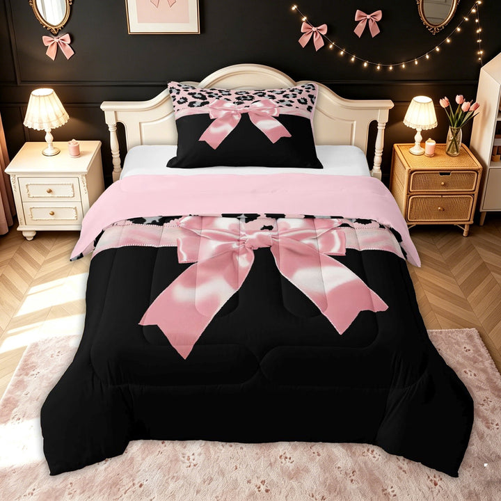meiyoeat Glam Leopard Bow Full Size Comforter Sets for Women, Animal Print Bedding Comforter Set for Bedroom, Pink Black, Pink Reversible, 3-Piece