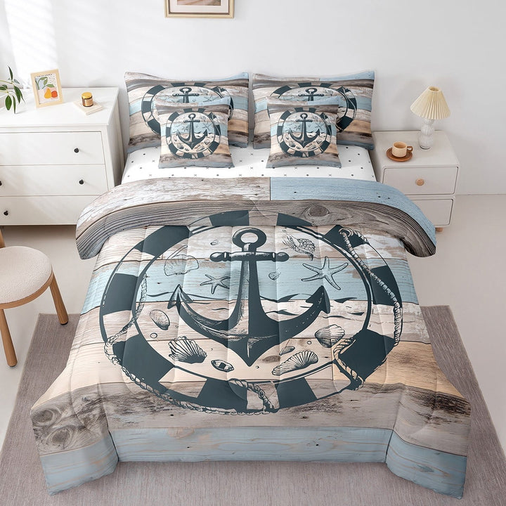 Erosebridal Nautical Bed in A Bag Full,Vintage Anchor Comforter Set,Grunge Wooden Barn Bedding Sets,Coastal Ocean Creature Quilt with Flat Fitted Sheet,Pillow Covers,7 Pcs