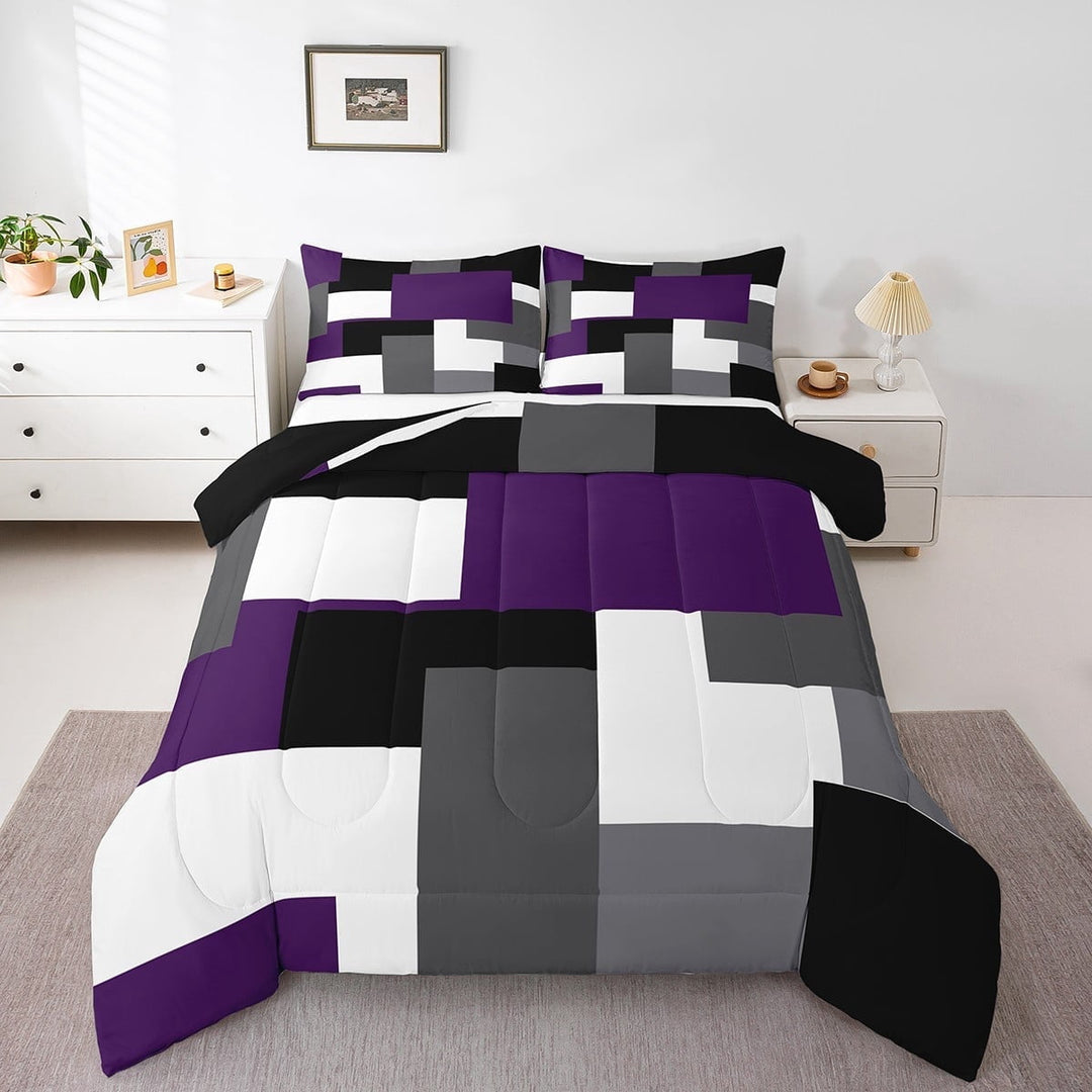 Erosebridal Abstract Plaid Bedding Twin Comforter Set,Sqare Rectangle Down Comforter,Geometric Grid Bedding Sets Twin with Comforter,Microfiber Geometry Room Decorative,Reversible,3pcs