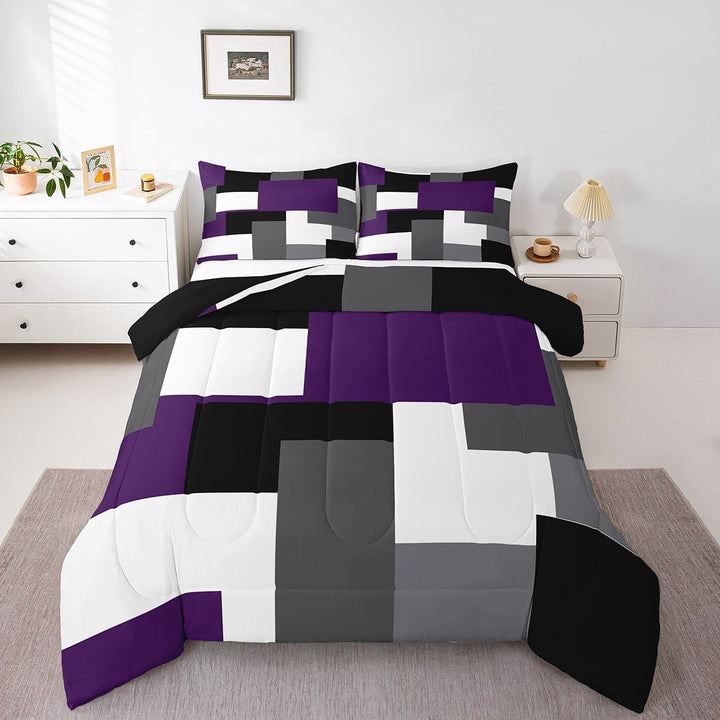 Erosebridal Abstract Plaid Bedding Twin Comforter Set,Sqare Rectangle Down Comforter,Geometric Grid Bedding Sets Twin with Comforter,Microfiber Geometry Room Decorative,Reversible,3pcs