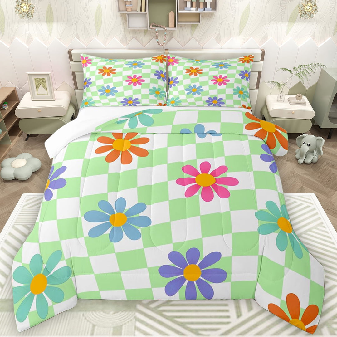 Manfei Cute Groovy Flower Bedding Comforter Set, White Green Plaid Twin Comforter Sets, Teens Kids Boys Girls Bedding Set, Ultra Soft Bedroom Decor, 2-Piece