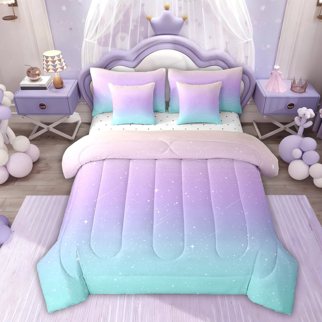 Erosebridal Starry Sky Twin Bedding Sets 7-Piece for Girl, Cartoon Stars Bedding Comforter Set, Purple Blue
