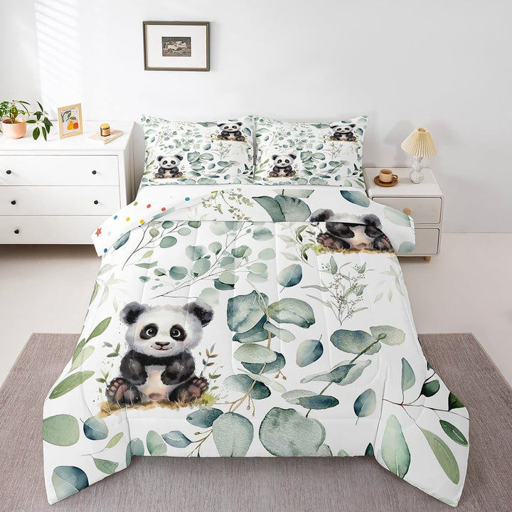 Erosebridal Cute Panda Bedding Twin Size Green Eucalyptus Comforter Set Twin, Woodland Animal Duvet Insert Plant Leaves Quilt Comforter, Cartoon Wildlife Bear Bedding Comforters &amp; Sets