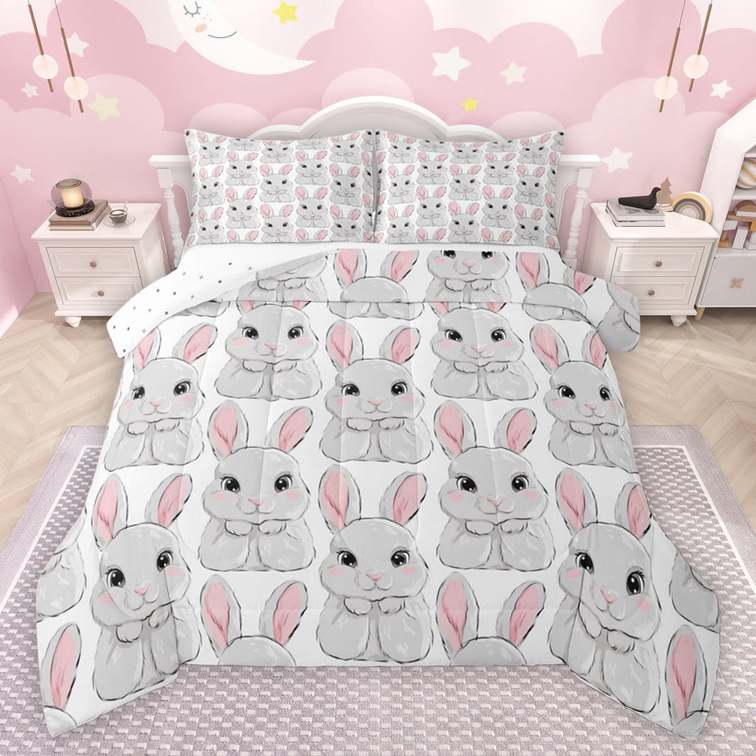 jejeloiu Lovely Rabbit Bedding Comforter Set,Cartoon Cute Rabbit Twin Comforter Sets,White Gray Pink Bedding Set For Kids,Luxury Bedroom Decor Reversible,2-Piece