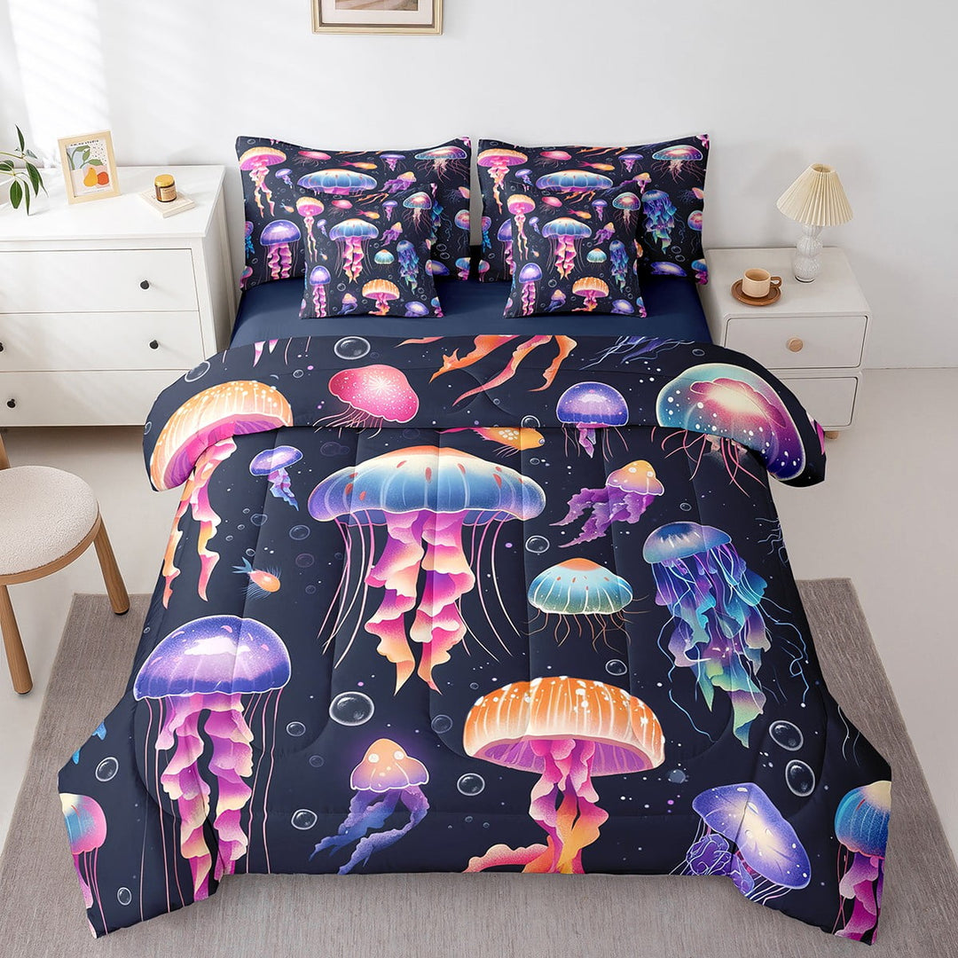 Colorful Jellyfish Bedding Full Size 7 Pieces Ocean Animal Comforter Set Cartoon Watercolor Jellyfish Bedding Comforter Sets Sea Fish Sealife Bed in a Bag Black Navy Blue Orange Pink Purple Bedding