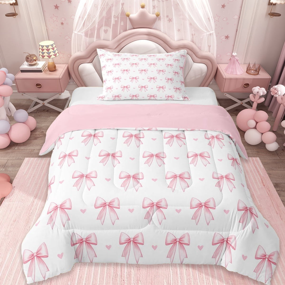 Erosebridal Pink Bows Twin Comforter Sets For Girls,Dreamy Princess Style Bowknot Bedding Set,Cartoon Loves Pattern, Reversible 2pcs