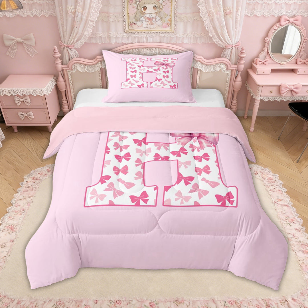Erosebridal Bow Letter H Twin Comforter Sets for Girls, Pink Initial Ribbon Bedding Set, Pink Reversible, 2-Piece