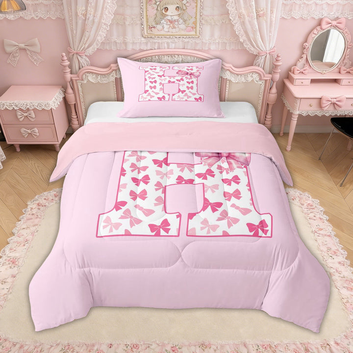 Erosebridal Bow Letter H Twin Comforter Sets for Girls, Pink Initial Ribbon Bedding Set, Pink Reversible, 2-Piece
