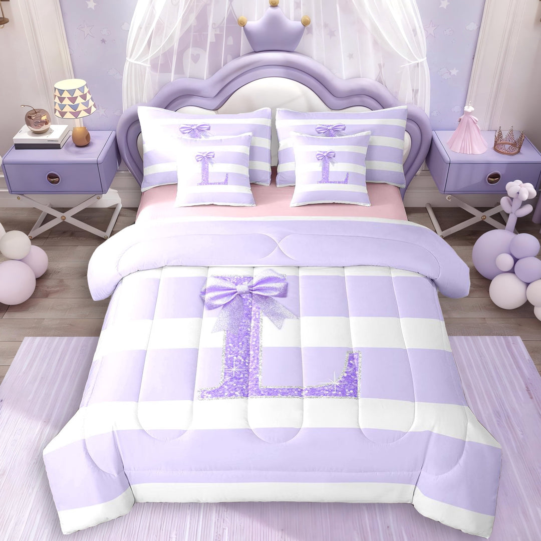 Erosebridal Glitter Print Personalized Initial L Girl Twin Bedding Sets 7-Piece,Kids Teens Purple Bow Geometric Stripes Bedding Comforter Set,Pink Reversible