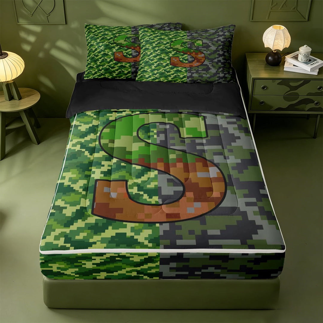 meiyoeat Pixel Game Monogrammed S Zipper Full Size Comforter Sets with Fitted Sheet and 2 Pillowcases For Boys,Abstract Geometric Grid Camouflage Print Zipper Bedding Set,Black Reversible,4-Piece