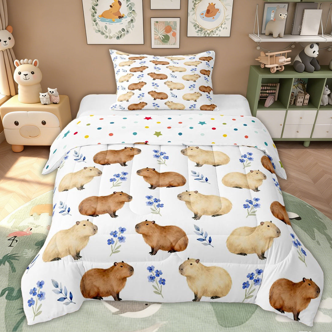 Erosebridal Cute Animal Capybara Kid Twin Comforter Sets, Blue Flower Bedding Set, White, 2pcs