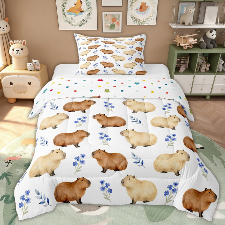 Erosebridal Cute Animal Capybara Kid Twin Comforter Sets, Blue Flower Bedding Set, White, 2pcs
