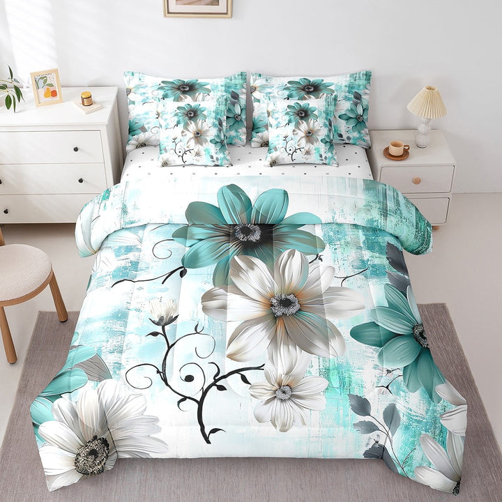 Erosebridal Chic Floral Twin Comforter Set 7-Piece Women Daisy Flower Bedding Comforter Sets, Teal Ombre Bed in a Bag Gradient Oil Painting Bedding Set, Vintage Watercolor Bed Sheets Set