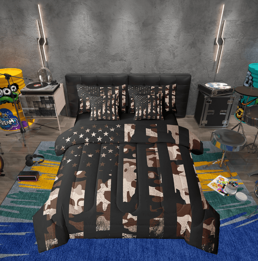 Erosebridal Army Camouflage Bedding Twin Size, American Flag Bedding Sets Twin Size, Military Camo Decor, Reversible 7pcs