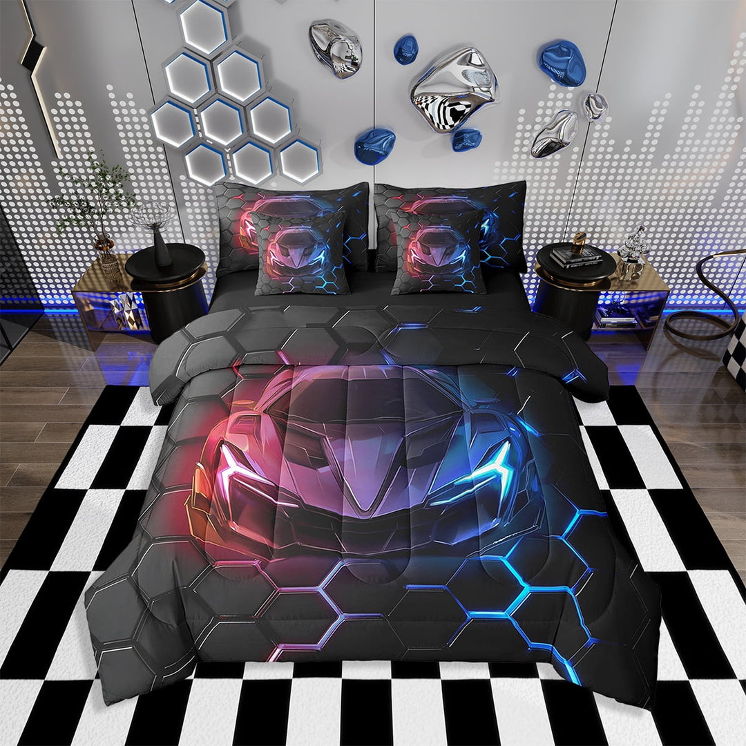 Erosebridal Comforters Twin Size Set with Sheets Race Car Bedding,7 Pieces Bed in a Bag Twin Neon Honeycomb Bedding Sets with Comforter,Sheets,Pillowcases
