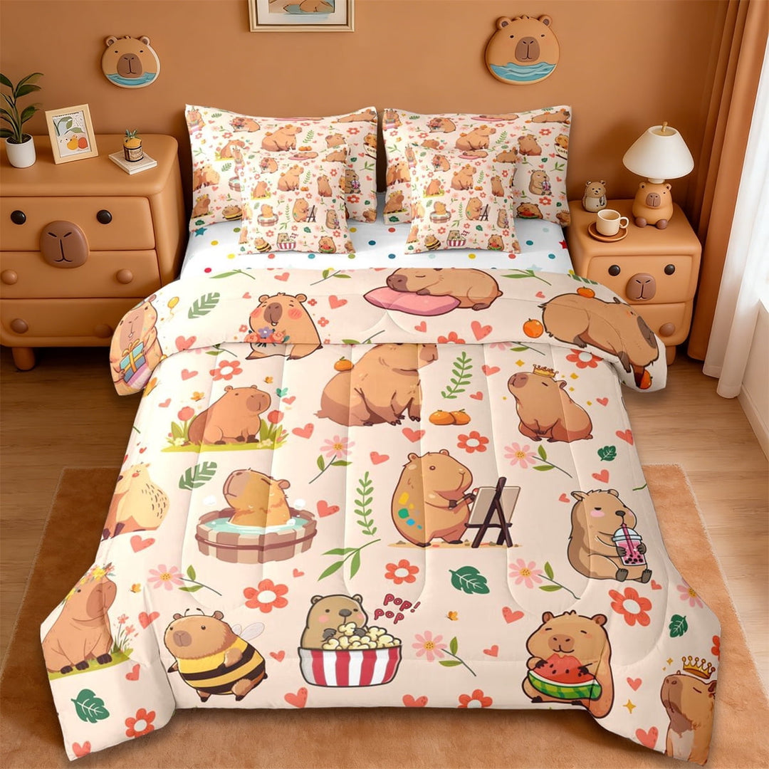 Erosebridal Kawaii Capybara 7-Piece Twin Bedding Sets,Cute Flowers Floral Bedding Comforter Set For Girls Kids Reversible
