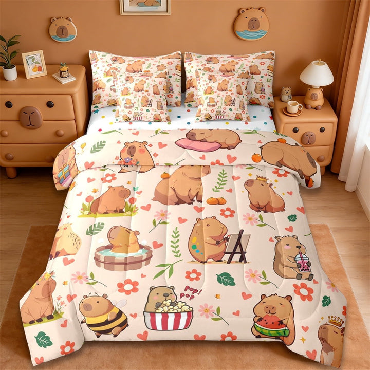Erosebridal Kawaii Capybara 7-Piece Twin Bedding Sets,Cute Flowers Floral Bedding Comforter Set For Girls Kids Reversible