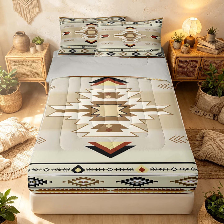 Erosebridal Traditional Aztec Zipper Twin Comforter Sets with Fitted Sheet and 2 Pillowcases, Gothic Zipper Bedding Set, Cream Tan Rust, Gray Reversible