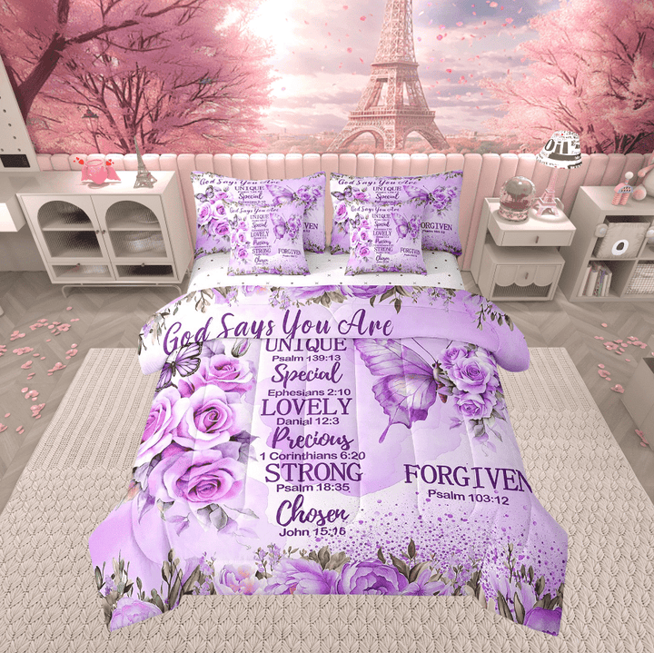 Violet Floral Comforter Set Queen,Purple Rose Bedding Set for Couple,Elegant Butterfly(Comforter+Fitted+Flat Sheet+2 Pillowcases+2 Pillow Covers) 7 Pieces with Love Motto,Valentine&