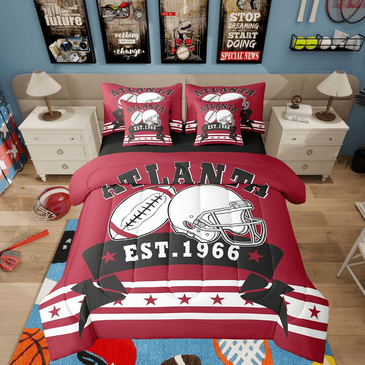 American Football Bedding Christmas Gifts For Women, Full Size 3D Football Helmet Sports Decor (Comforter+Fitted+Flat Sheet+2 Pillowcases+2 Throw Pillow Covers) 7 Pcs Bed Set (Atlanta)