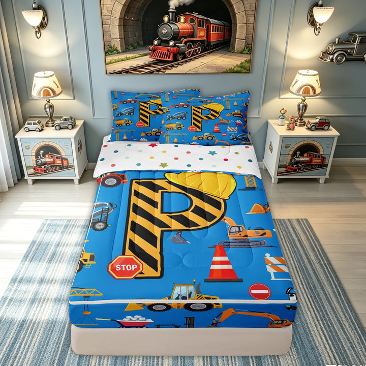 meiyoeat Construction P Initial Hard Hat Zipper Comforter Set with Fitted Sheet and 2 Pillowcases, Cartoon Truck Zipper Bedding Set for Boys Girls, Blue, Polkadot Reversible, 3-Piece