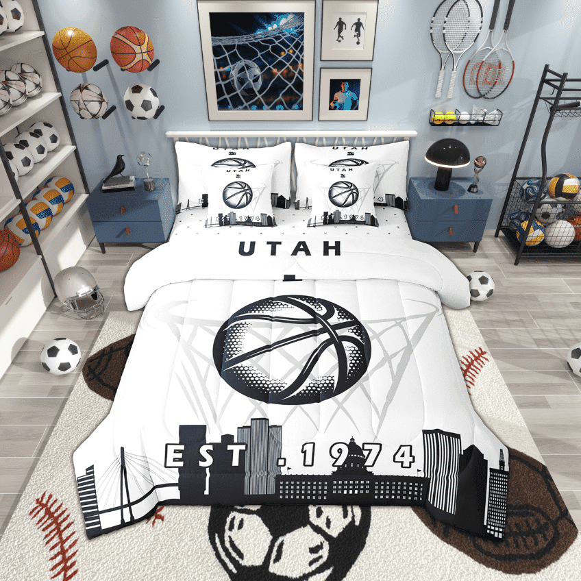 Erosebridal 7 Pcs Comforter Set Full Size,Basketball Bed in a Bag with Flat Sheet and Fitted Sheet and Adults,Sports Bedding Set with Pillowcase and Sham,Utah
