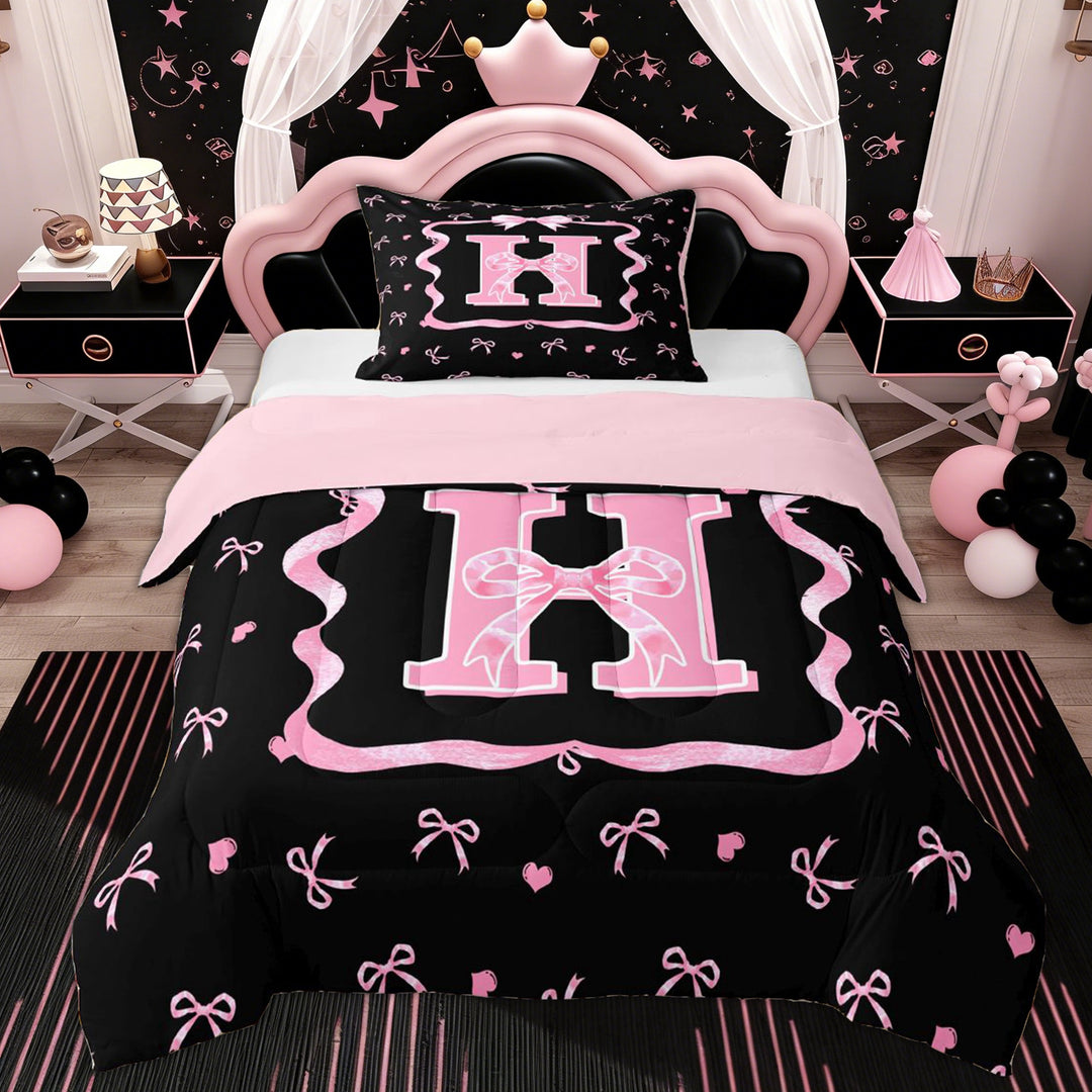 Erosebridal Black Pink Bow Twin Comforter Sets for Girls, Cartoon Letter H Bedding Set, 2-Piece
