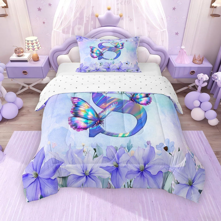 Erosebridal Purple Butterfly Twin Comforter Sets for Girls, Garden Flower Floral Bedding Set, Letter S, Reversible, 1 Comforter and 1 Pillowcase