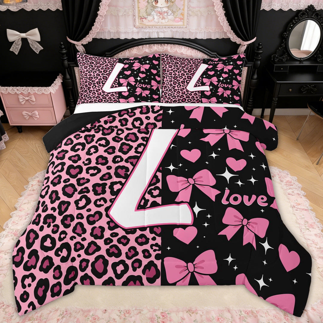 Erosebridal Leopard Print Letter L Full Size Comforter Sets for Girls, Pink Initial Ribbon Bedding Sets, Black Reversible, 3 Pieces