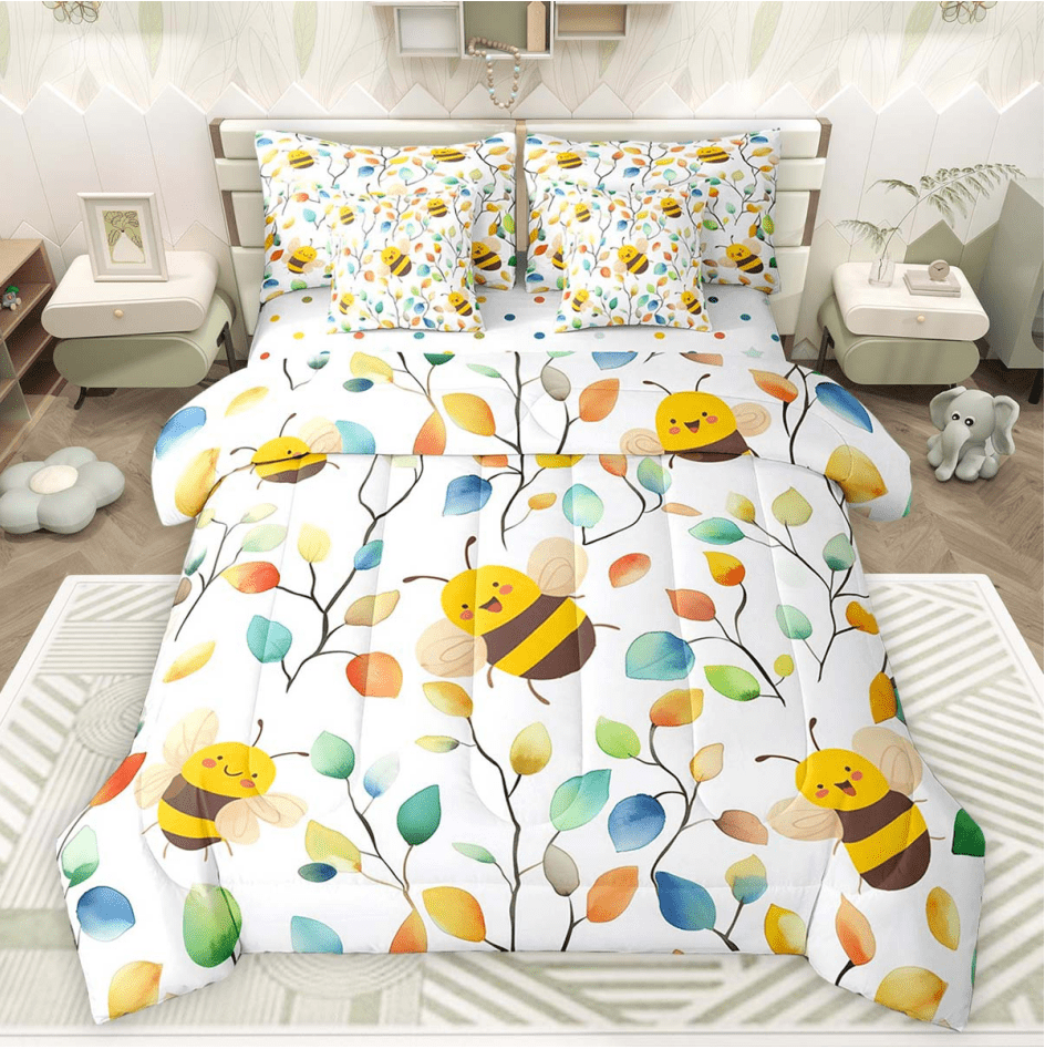 Kawaii Honey Bee Twin Comforter Set 7pcs Chic Elegant Floral Bedding Comforter Sets, Animal Wildlife Bed in a Bag Watercolor Leaves Bedding Set, Tropical Plant Bed Sheets Set